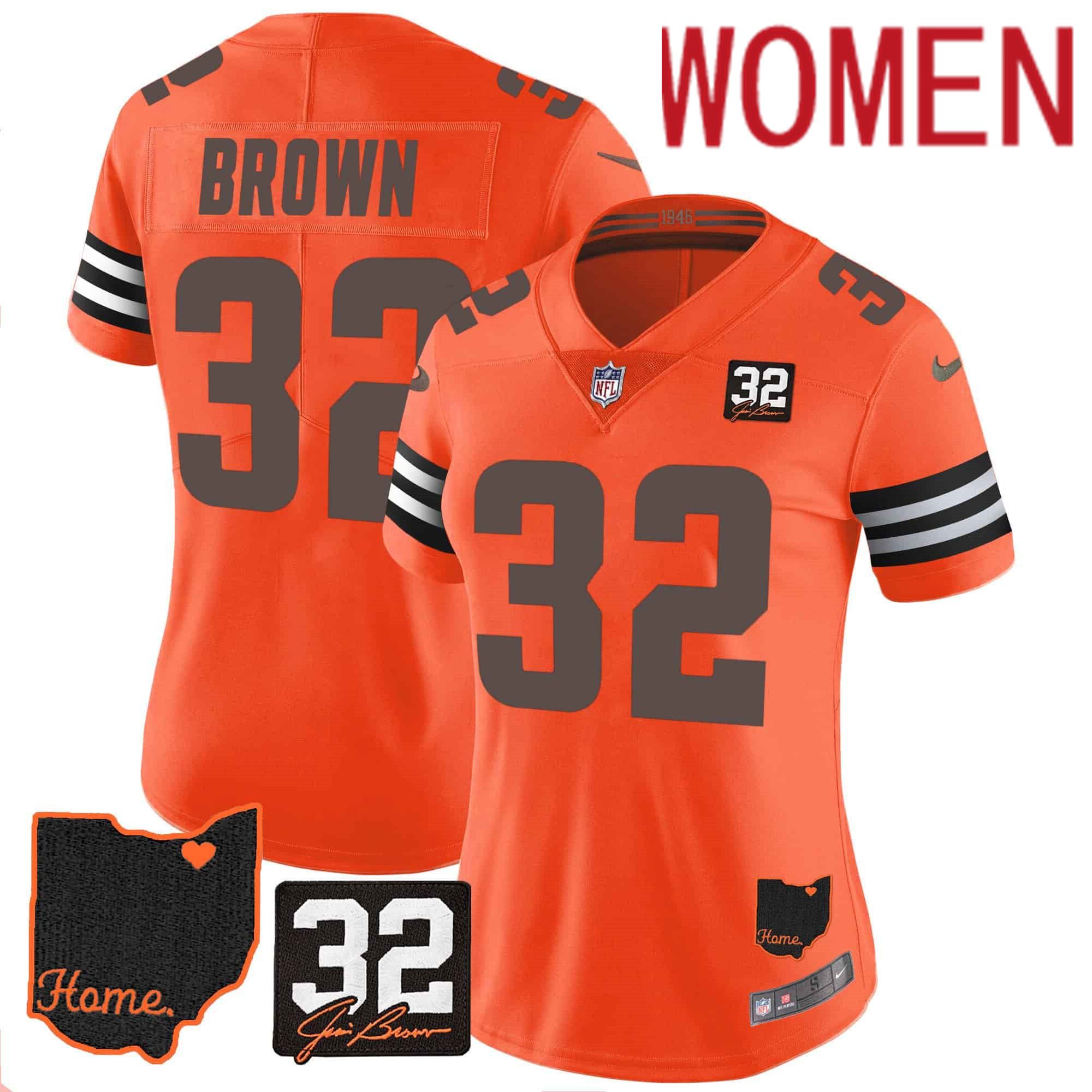Women Cleveland Browns #32 Brown Orange Memorial Home Patch 2024 Nike NFL Jersey